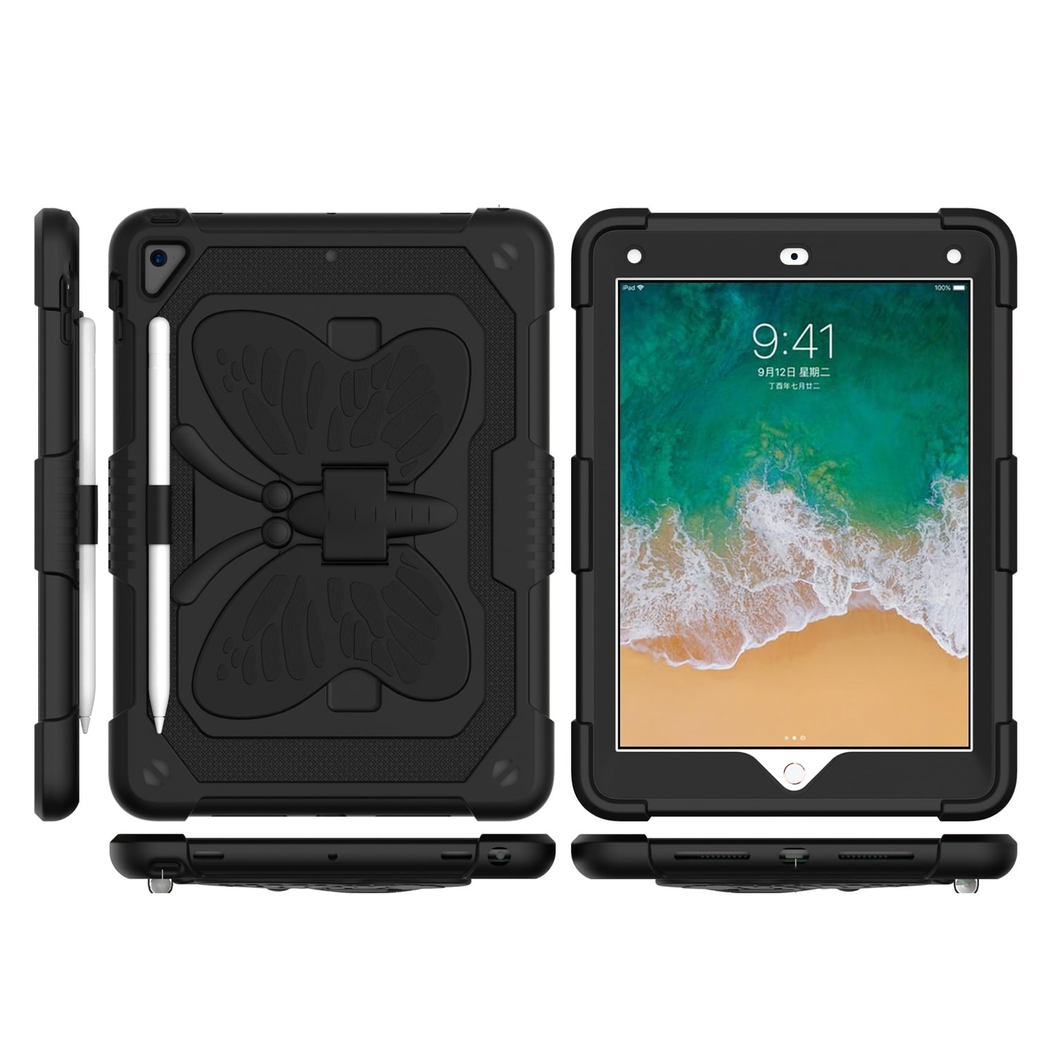 Case For Apple iPad Pro (11 inch) 2024 Butterfly Wings Kickstand Tough 3in1 Hybrid with Pencil Holder Rugged Shockproof with Shoulder Strap Tablet Cover [ Black ]