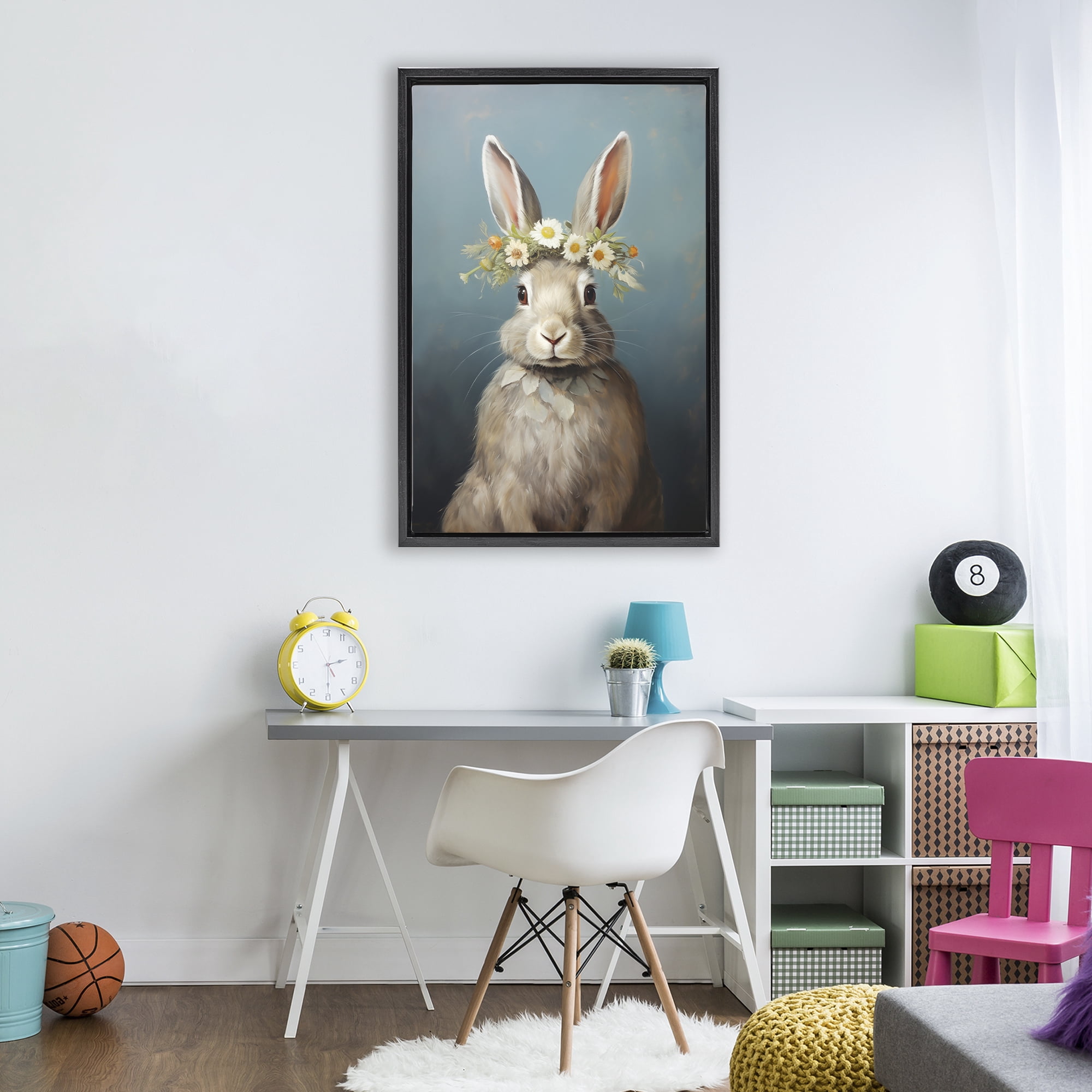 Stupell Industries Daisy Crowned Bunny Portrait Black Framed Floater Canvas Wall Art, design by Heidi Kuntz