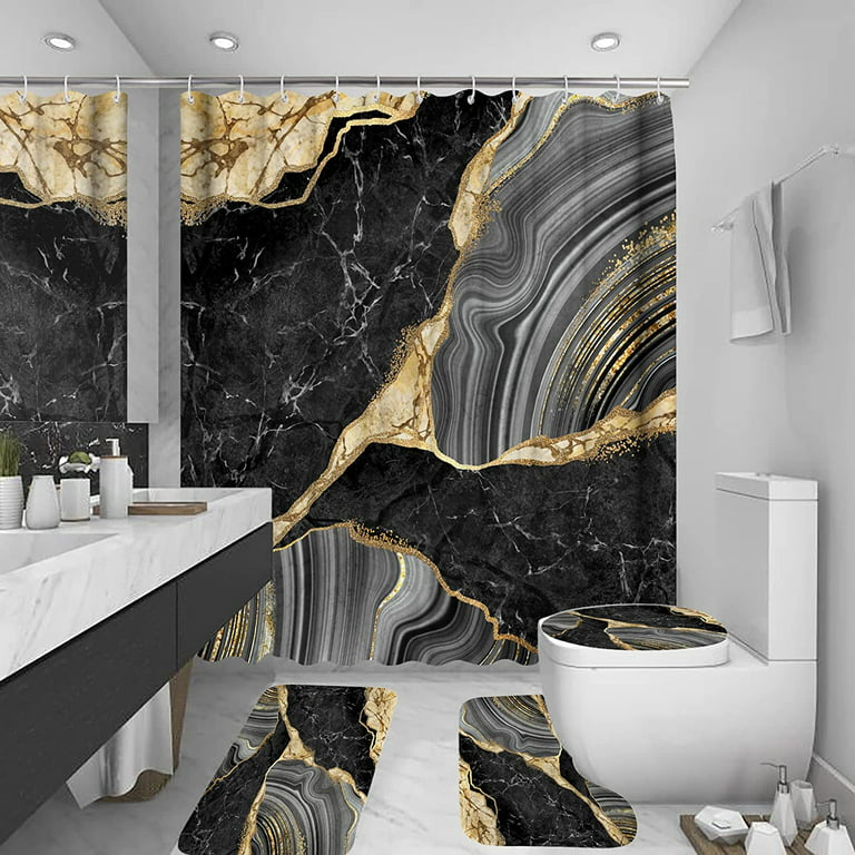 Set of 2 Marble Design Bath Mat, Non-slip Bath Rug, Gold & Blue