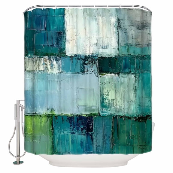 Abstract Modern Art Shower Curtain, 48" x 72", Watercolor Green Geometric Theme Waterproof Bathroom Curtain Washable Shower Curtain Set with 12 Hooks