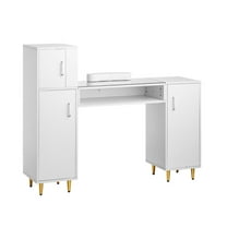 Manicure Table with Glass Top, Nail Desk with Storage, White Nail Station for Salon & Home