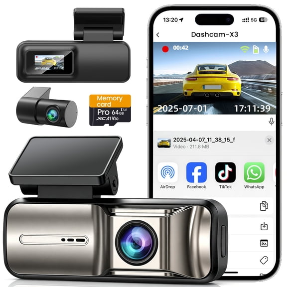 KHOCOEE 4K Dash Cam Front and Rear 1080P, 5GHz Wi-Fi App, 170° Wide Angle Dashcam with 64GB Card, Night Vision, G-Sensor, 24H Parking Monitor(X3)