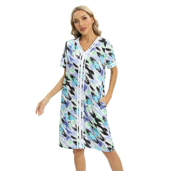 Xmarks Women Patchwork Nightgown Sleepwear Short Sleeve Nightdress V-Neck Sleeping Nightshirts Ladies Loungewear Green S