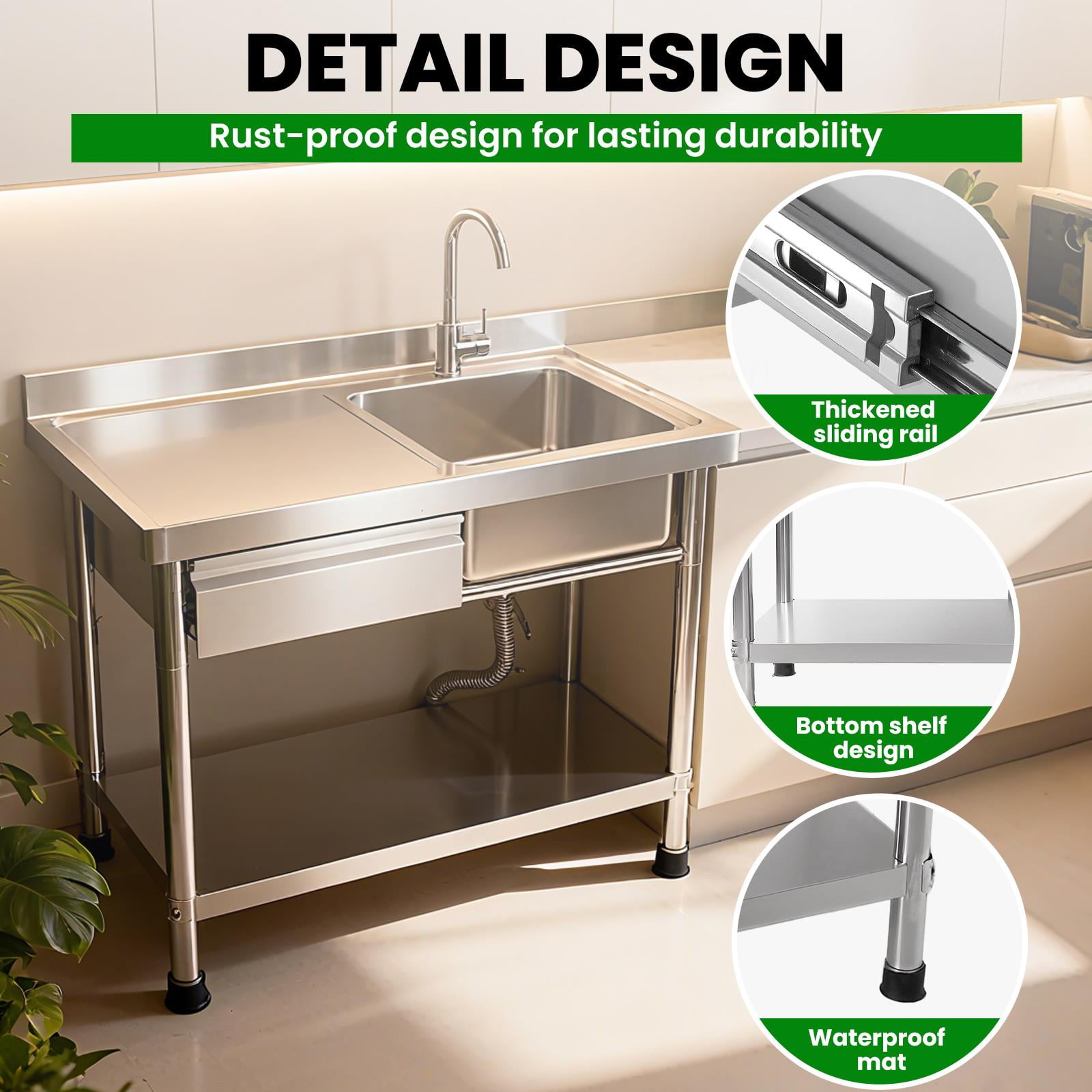 Stainless Steel Utility Sink,40 Inch Free Standing Single Bowl Sink, Commercial Kitchen Sink with Drawer & Cold and Hot Water Pipe for Indoor Outdoor Farmhouse Garage