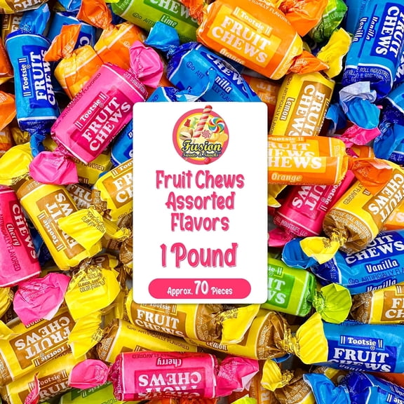 Fruit Chews Candy - 1 Pound Bulk Bag (Approx. 70 Pieces), Fruit Chews Rolls, 5 Assorted Flavors, Soft & Fruity Taffy Candy, Individually Wrapped Gluten Free Treats, Holiday Candy