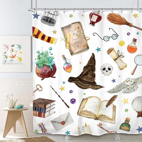 Witch Magical Kids Shower Curtain 72Wx72L Inch Funny Magic Book Hat Wizard Mysterious for Boys Girls Skull Owl Spooky 12 Pack Hooks Polyester Waterproof Fabric Bathroom Bathtub Panels