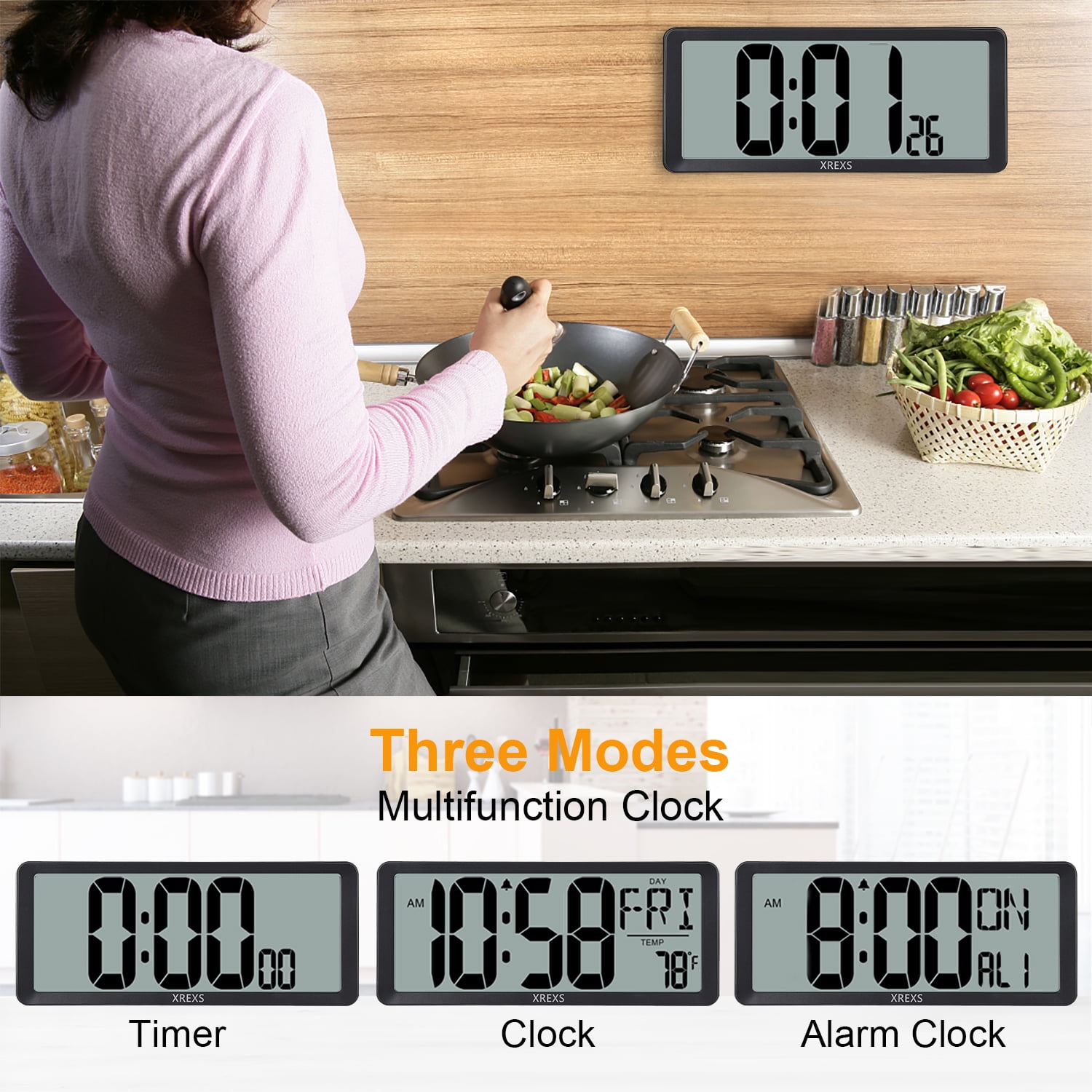 XREXS Large Digital Wall Clock, 14 Inch Large LCD Display Wall Digital Clock, Digital Alarm Clocks for Bedroom Home Decor, Calendar Clock with Time/Calendar/Temperature Display (Batteries Included)