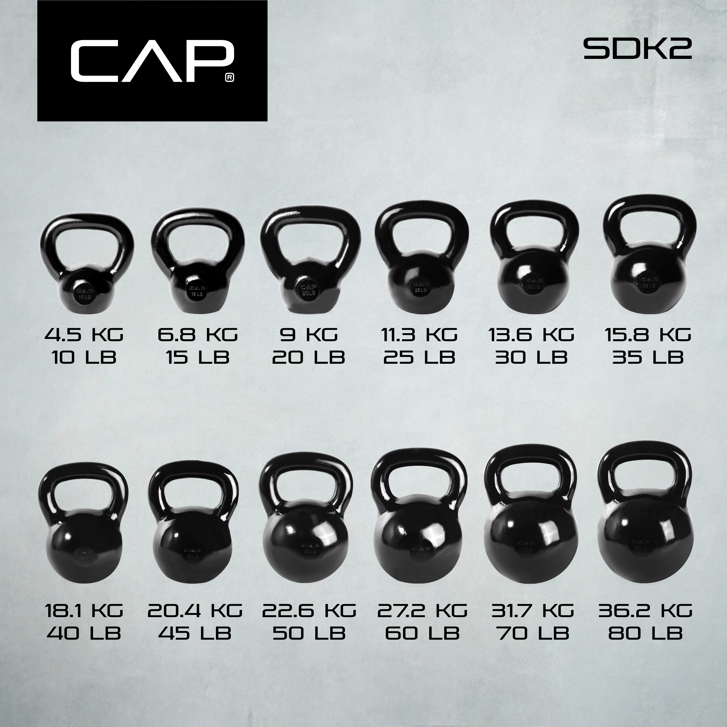 CAP Barbell Cast Iron Kettlebell, Black, 10 Lbs. - 80 Lbs