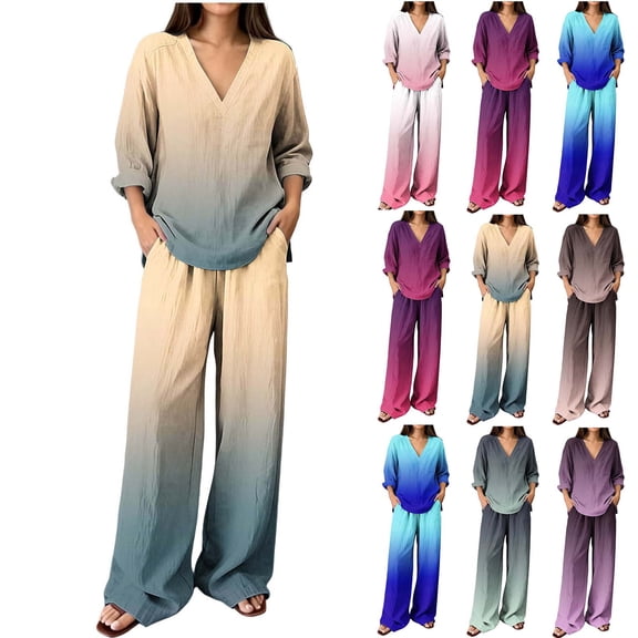 Hvogkswy Pajamas for Women Set Long Sleeve V Neck Tops and Drawstring Pockets Trousers Oversized 2 Piece Outfits Lightweight Breathable Casual Lounge Sets