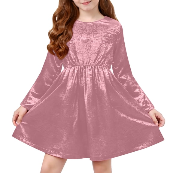 Busydd Girls Fall Dresses 4-12 Years Fashion Solid Color Shiny Girls Long Sleeve Dress Casual Round Neck Party Performance Dress for Girls 9 Years