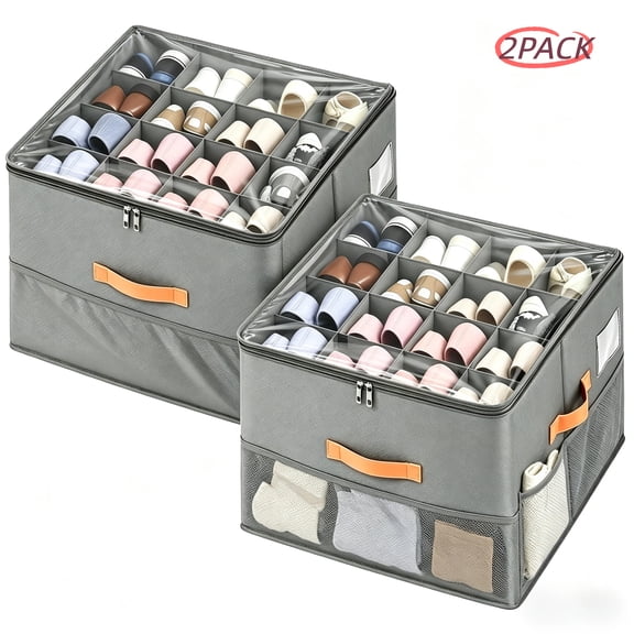 ZHIJYBO 2 Pack Shoe Organizer for Closet,Foldable Shoe Storage Bins with Clear Cover,Space Saving Shoes Holder with Handles,Large Shoe Box Storage Containers,Fits up to 32 Pairs