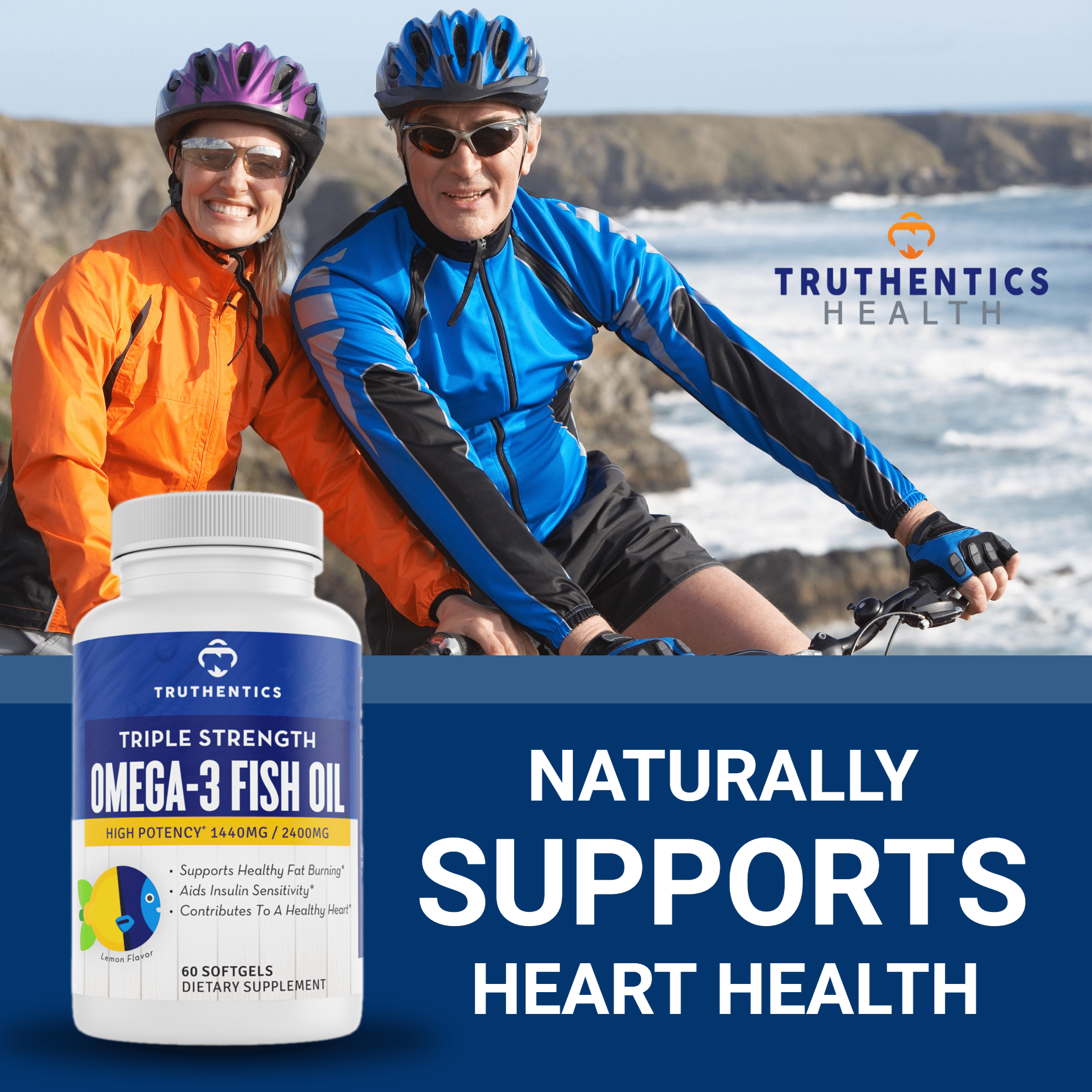 Truthentics Omega 3 Fish Oil 2400 mg - Triple Strength - 100% Pure - Sea-Harvested - High EPA DHA Omega Fatty Acids - 60 Lemon Softgels