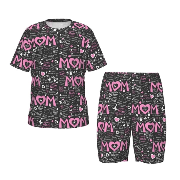 Fotbe Lovely Mom Ever Pijama Estampada de 2 Piezas para Niños – Ropa de Dormir de Manga Corta Cómoda para Niños y Niñas, Camiseta y Shorts de Algodón-Medium