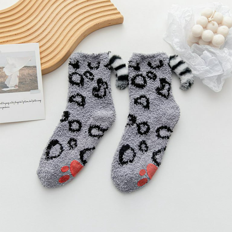 Women Winter Cute Cat Paw Fuzzy Slipper Socks Cartoon 3D Kitten