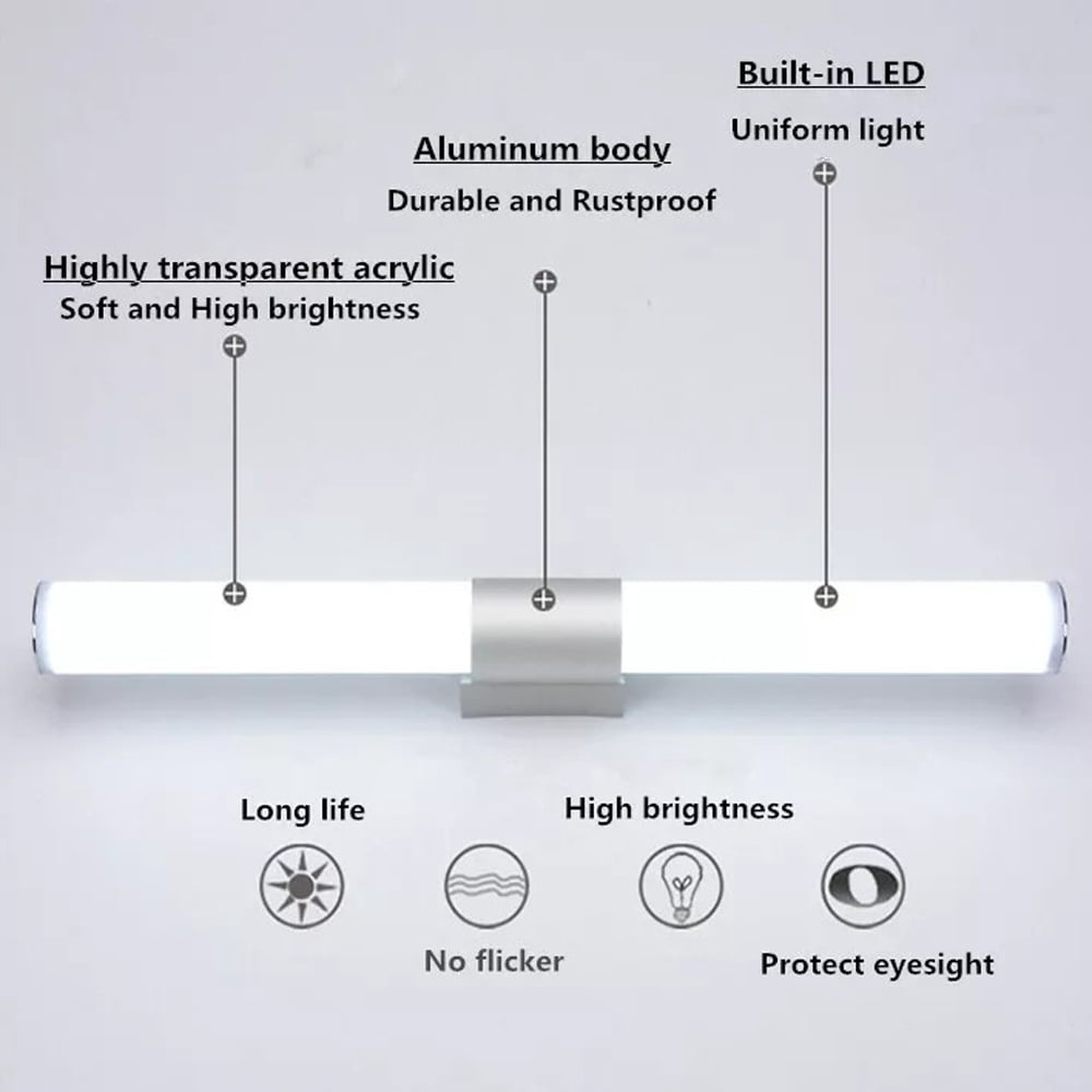 Modern LED Wall Vanity Light Mirror for Bathroom Bedroom Waterproof Makeup Front Light Lamp Indoor Wall Mounted LED Lighting Fixture with Daylight Color Temperature 5600‑6400K