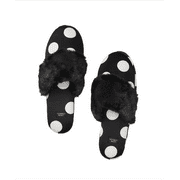 Victoria's Secret Signature Satin Slippers Black White Polka Dot with Faux Fur Medium(7-8) NEW