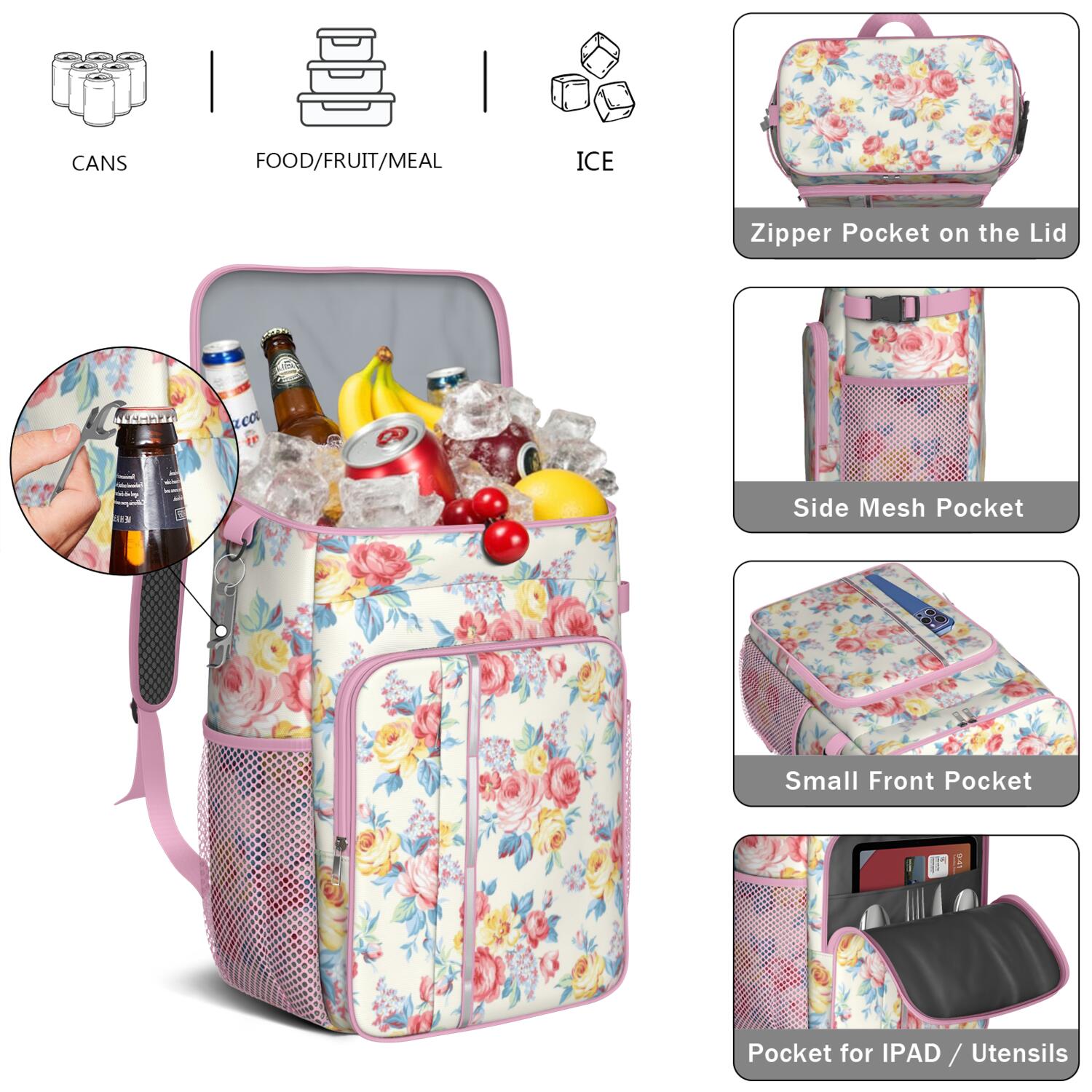 Travel Cooler Bag - Pioneer Flower Floral Print Pattern Camping Beer Cooler Backpack with Bottle Opener- Waterproof Insulated Picnic Backpacks - Cooler Bag for Beach