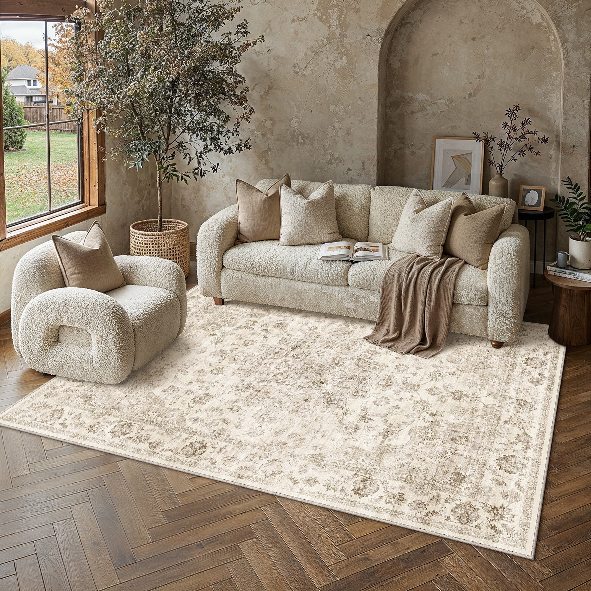 BERTHMEER 9'x12' Large Area Rugs for Living Room Bedroom Office Beige Vintage Non Slip Washable Farmhouse Dining Room Oriental Traditional Distressed Rugs