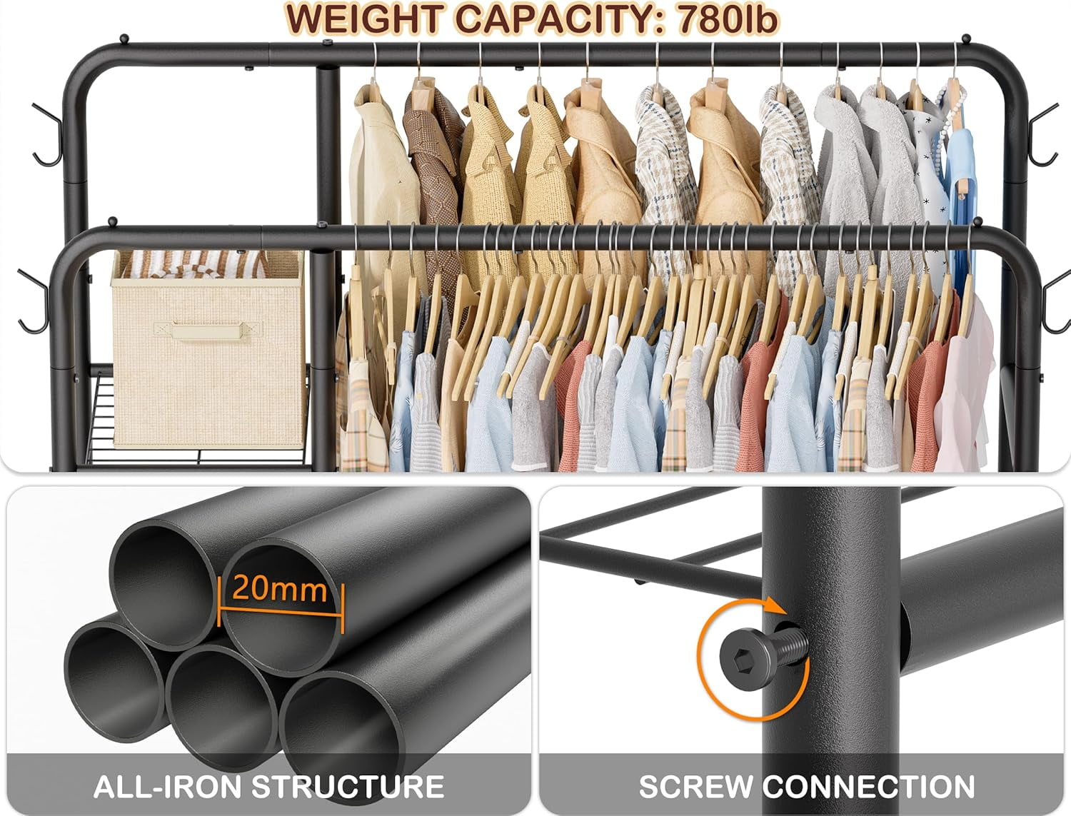 Double Rods Clothes Rack Clothing Rack with  Storage Shelves Clothes Rack for Hanging Clothes Multifunctional Heavy Duty Clothes Organizer with Hooks for Bedroom,Wardrobe Closet,Shop
