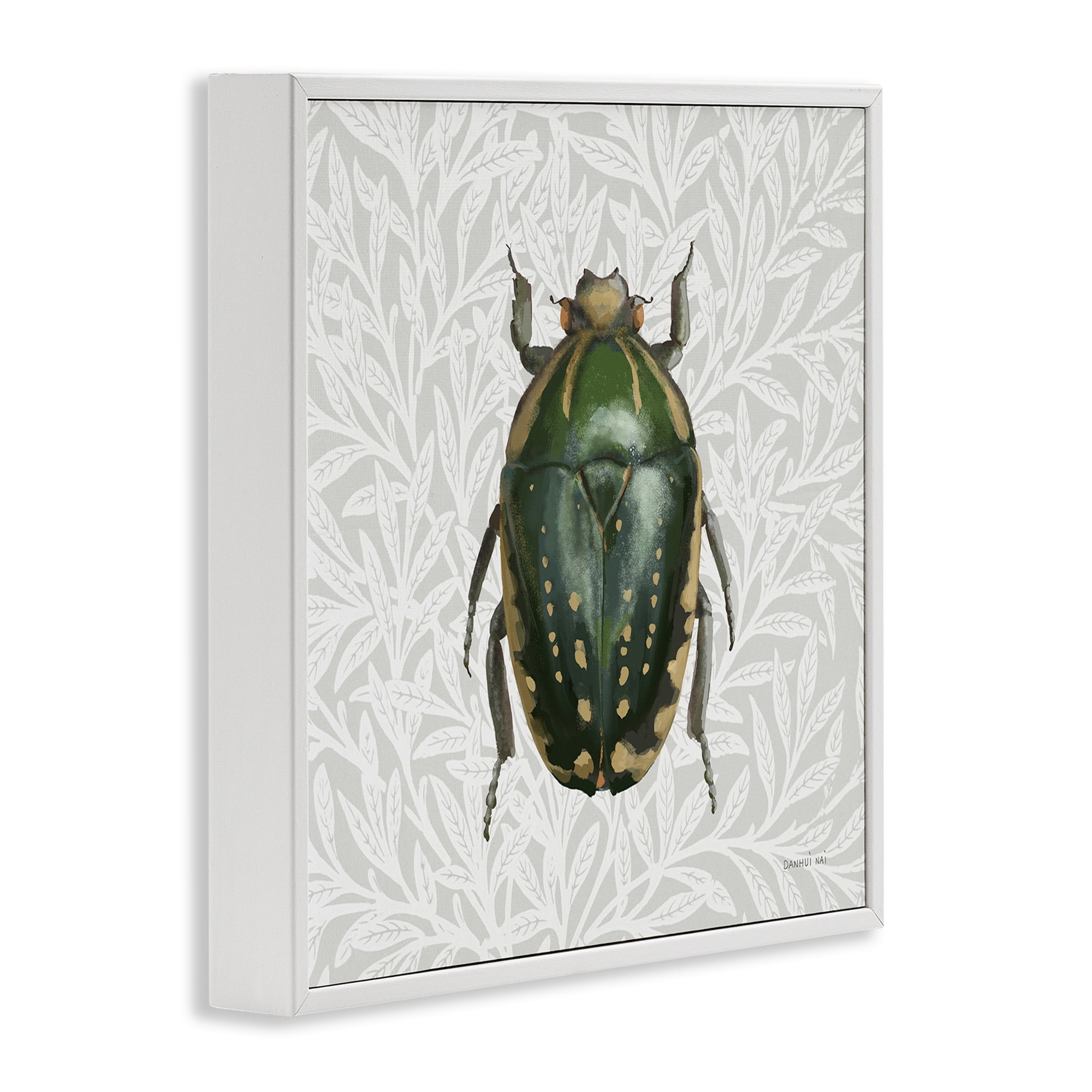 Stupell Industries Beetle with Botanical Pattern Animals & Insects Painting White Framed Art Print Wall Art, 17 x 17
