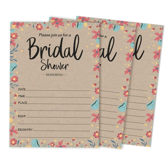 Inkdotpot 30Rustic Kraft FloralFill-In Style Bridal Shower Invitations Wedding Blank Invites