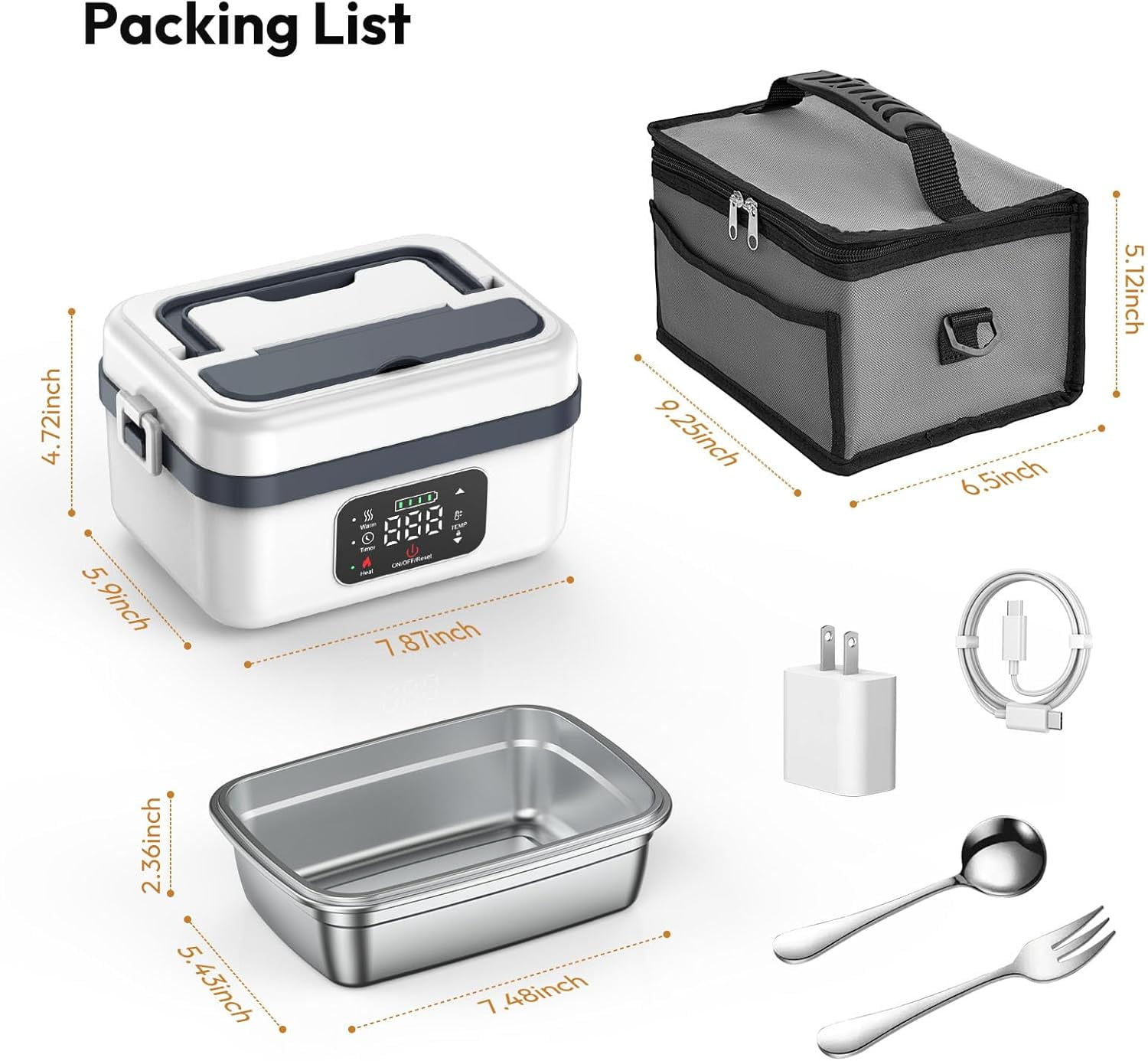 Cordless Electric Heated Lunch Box for Adults Men Women, Rechargeable Self Heating Battery Powered Food Warmer with 1L Container Fork Spoon and Insulated Carry Bag for Car Truck Travel Office(White)