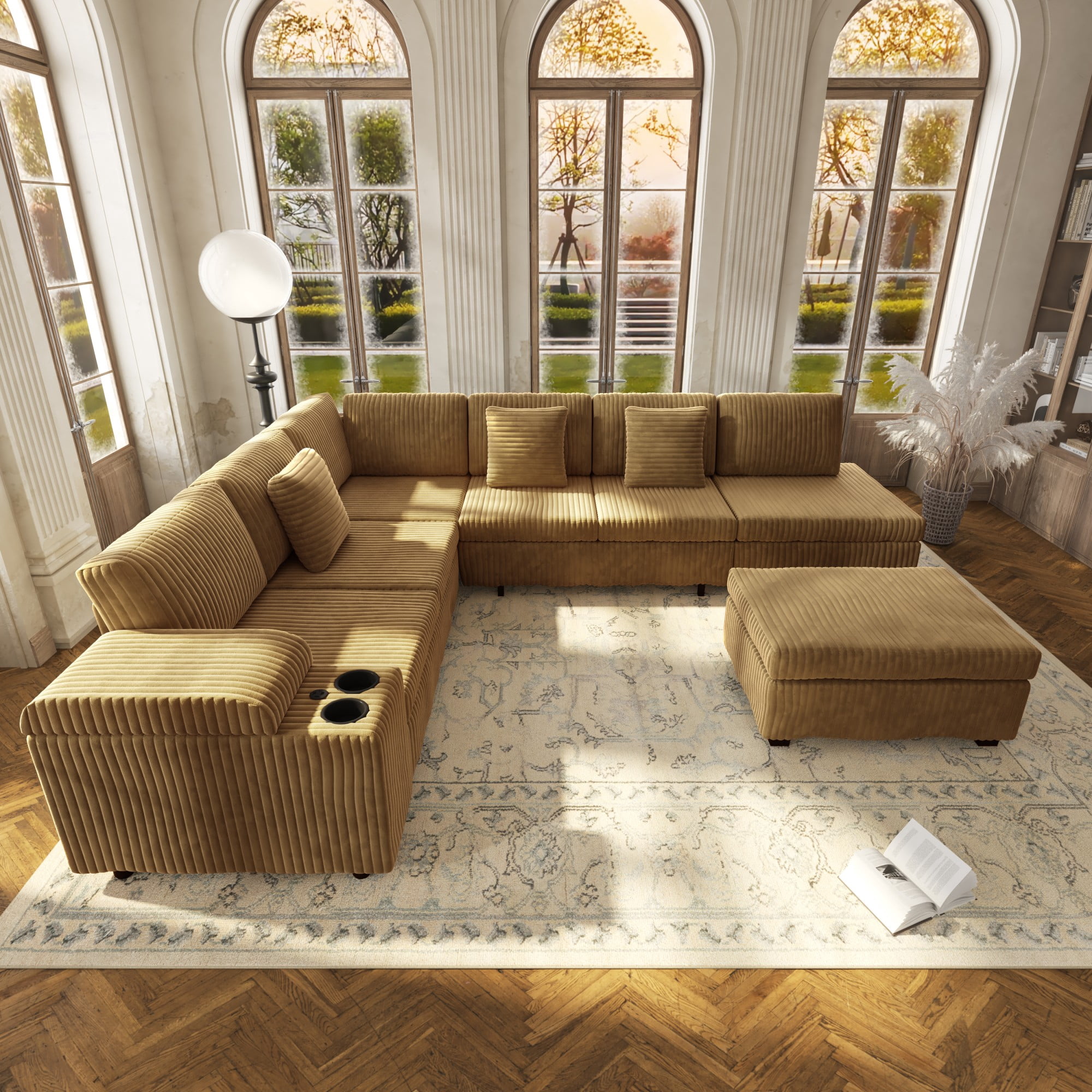 LLappuil 110" Sectional Sofa, Modular Sectional Couch Convertible Sofa Bed, 7 Seat Corduroy Sofa Couch with Movable Ottoman, Hidden Armrest Storage & USB Charging Ports Camel