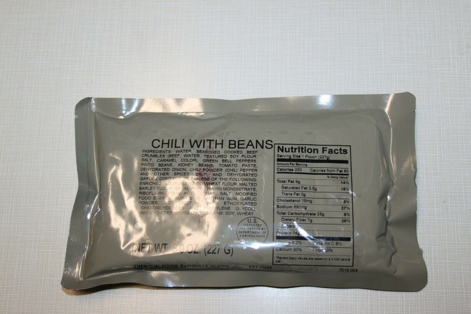 Chili with Beans MRE Entree Emergency Survival Camping Food Ready to