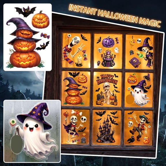 9 Pack Halloween Window Decorations with Halloween Gel Window Clings, Reusable for Kids, Spooky for Halloween