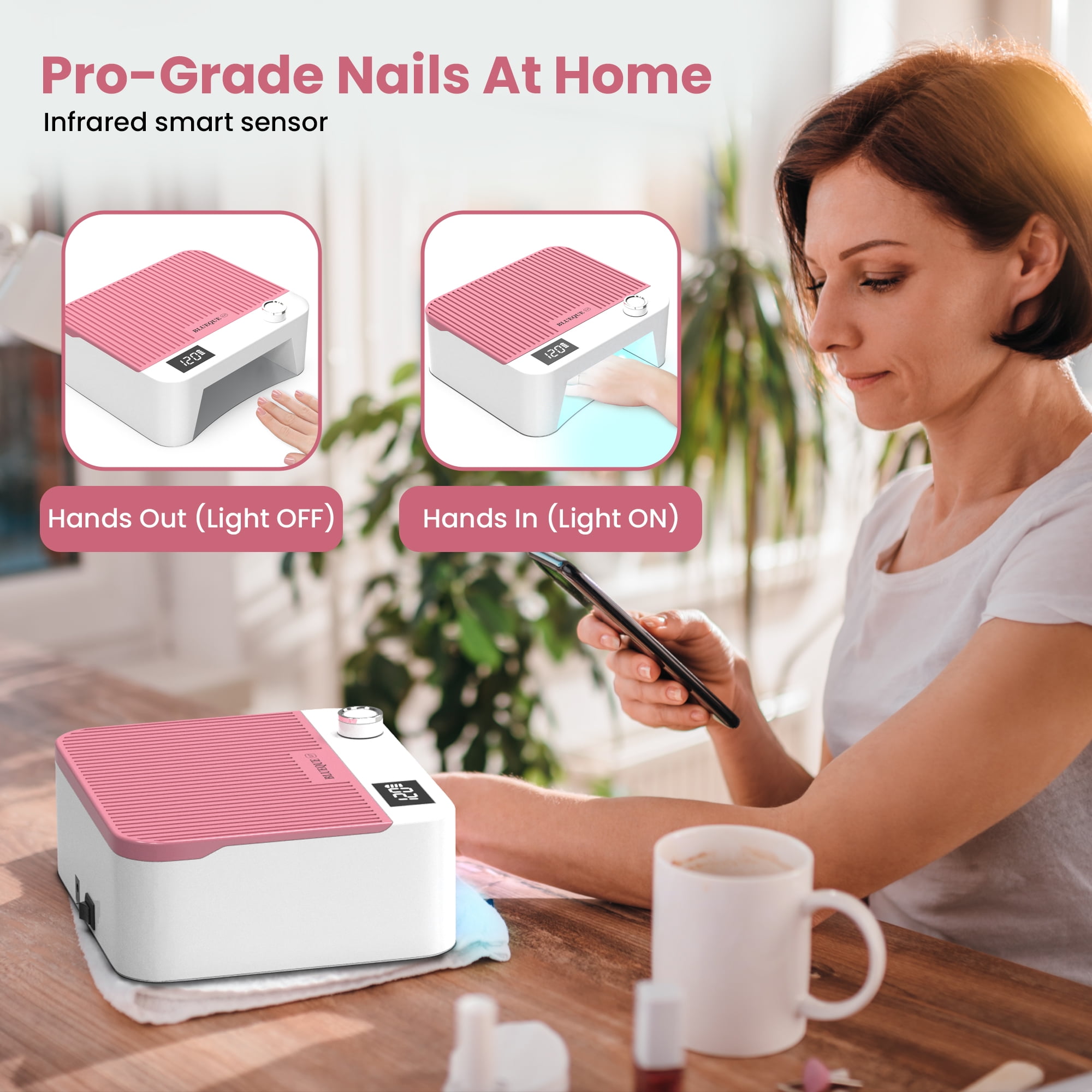 Cordless UV LED Nail Lamp, 60W Rechargeable Nail Dryer Gel Polish Light, Intelligent Auto Sensor LCD Display Nail Lamp  With 4 Timer Setting-Pink