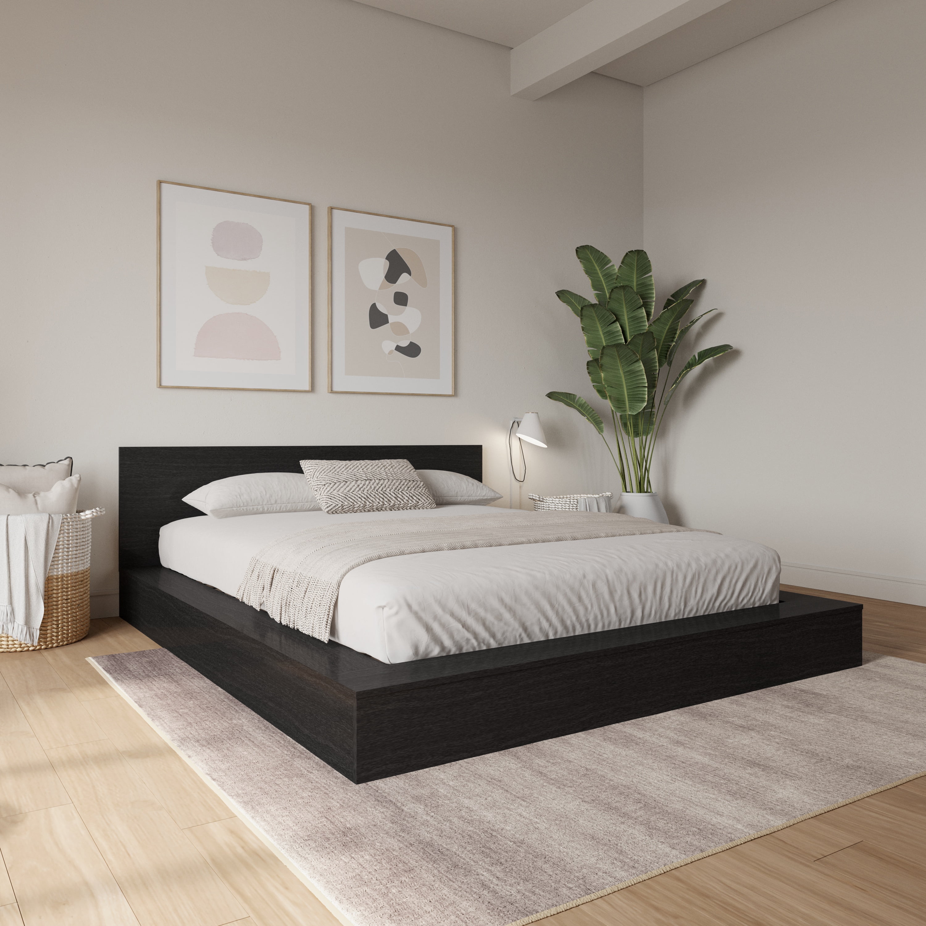 Nexera Kanso King Low Profile Wood Platform Bed with Headboard, Black Oak