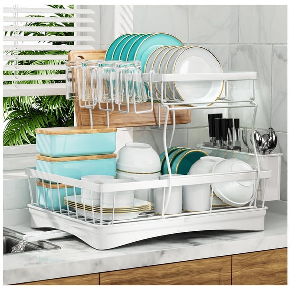 White 2-Tier Dish Drying Rack With Drainboard, Cup Holder & Utensil