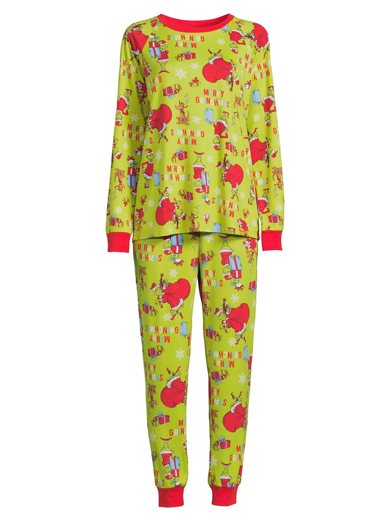 Dr. Seuss Grinch Matching Family Sleepwear Women's & Women's Plus Long Sleeve Top and Pants, 2-Piece Pajama Set