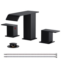 TVOFEK Waterfall Bathroom Faucet for 3 Hole, Black Bathroom Sink Faucets with Metal Pop Up Drain and Supply Hose for Vanity Restroom Lavatory