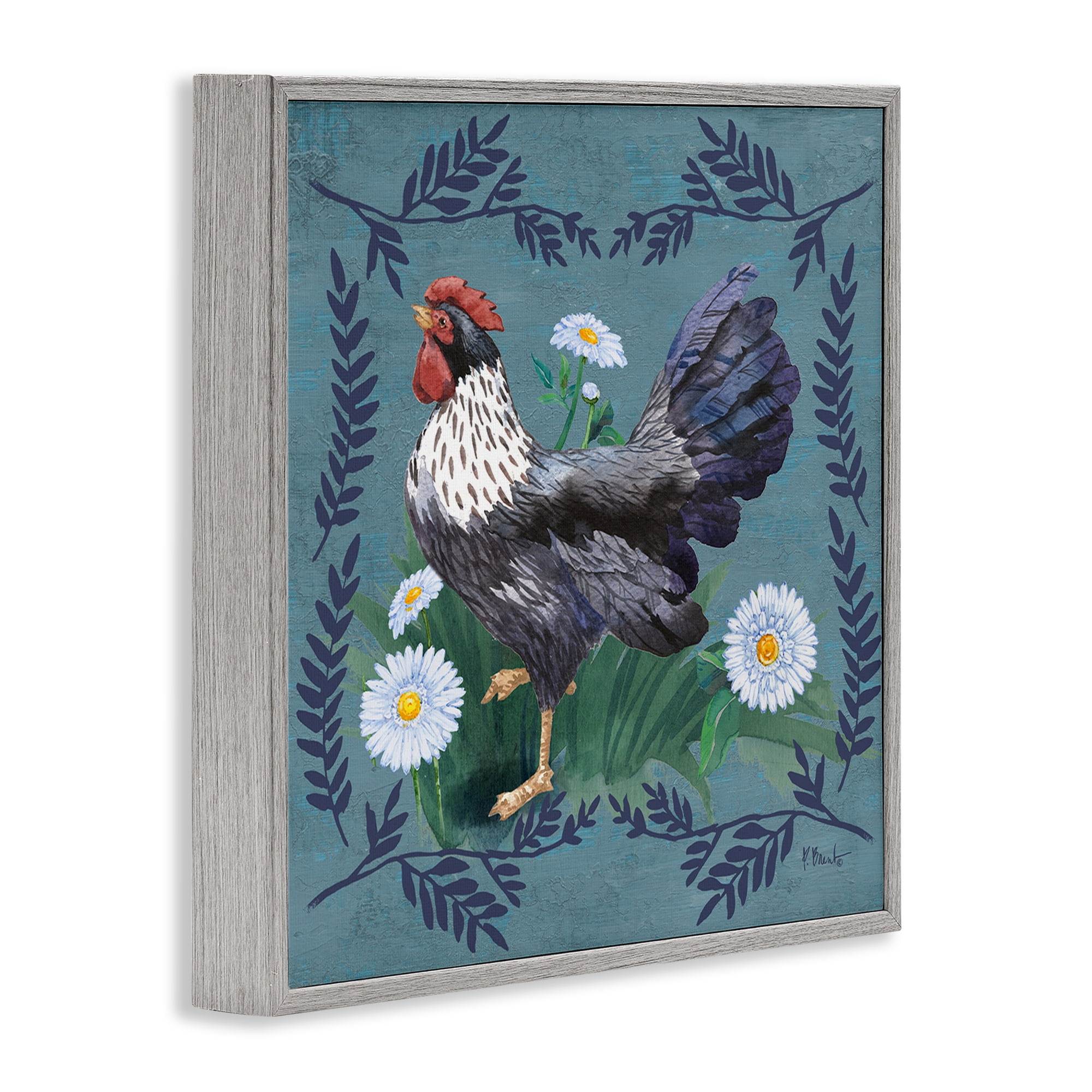 Stupell Industries Country Hen & Ferns Animals & Insects Painting Gray Framed Art Print Wall Art, 12 x 12
