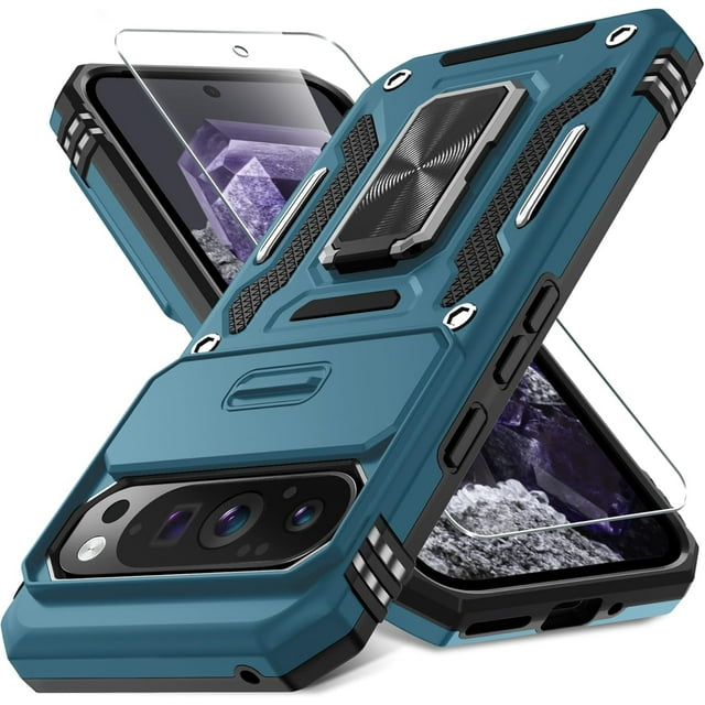 KOMI Case for Google Pixel 9/9 Pro with Slide Camera Cover+Screen Protector(1 Pack), Rotated Ring Kickstand Military Grade Shockproof Protective Cover-Light Blue