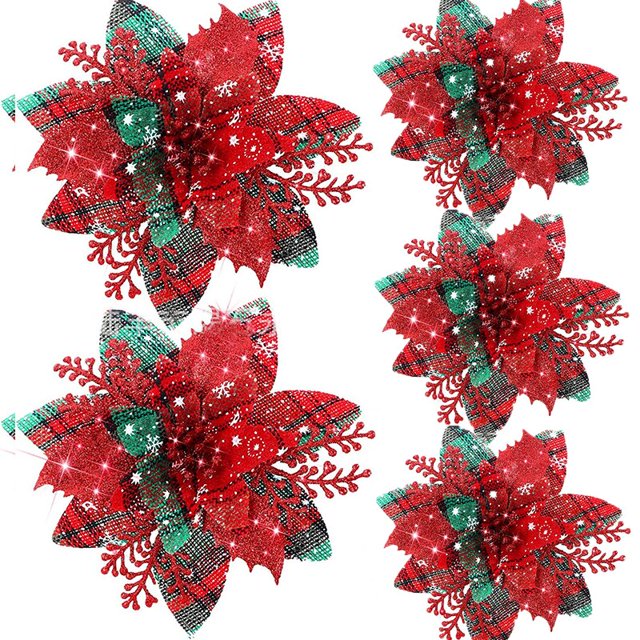 Flores artificiales con purpurina para decoración de árbol de Navidad, adornos de Feliz Año Nuevo, 5 piezas, 14,5 cm