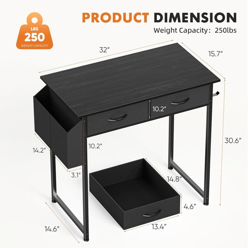 Kelno 32 Inch Computer Desk with 2 Fabric Drawer Storage Bag Iron Headphone Hook Vanity Writing Table, Black