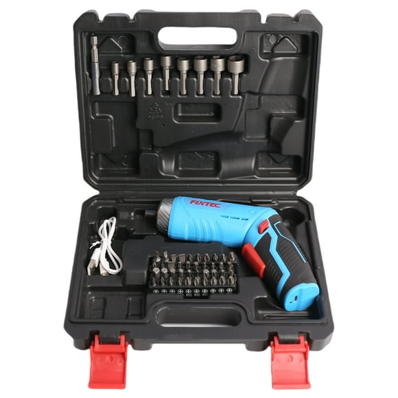 FIXTEC 4V Lithium-Ion Cordless 2-in-1 Pivoting Screwdriver Tool Set with 1.5Ah Battery, USB Cable and Storage Case, 49 Piece Tool Set