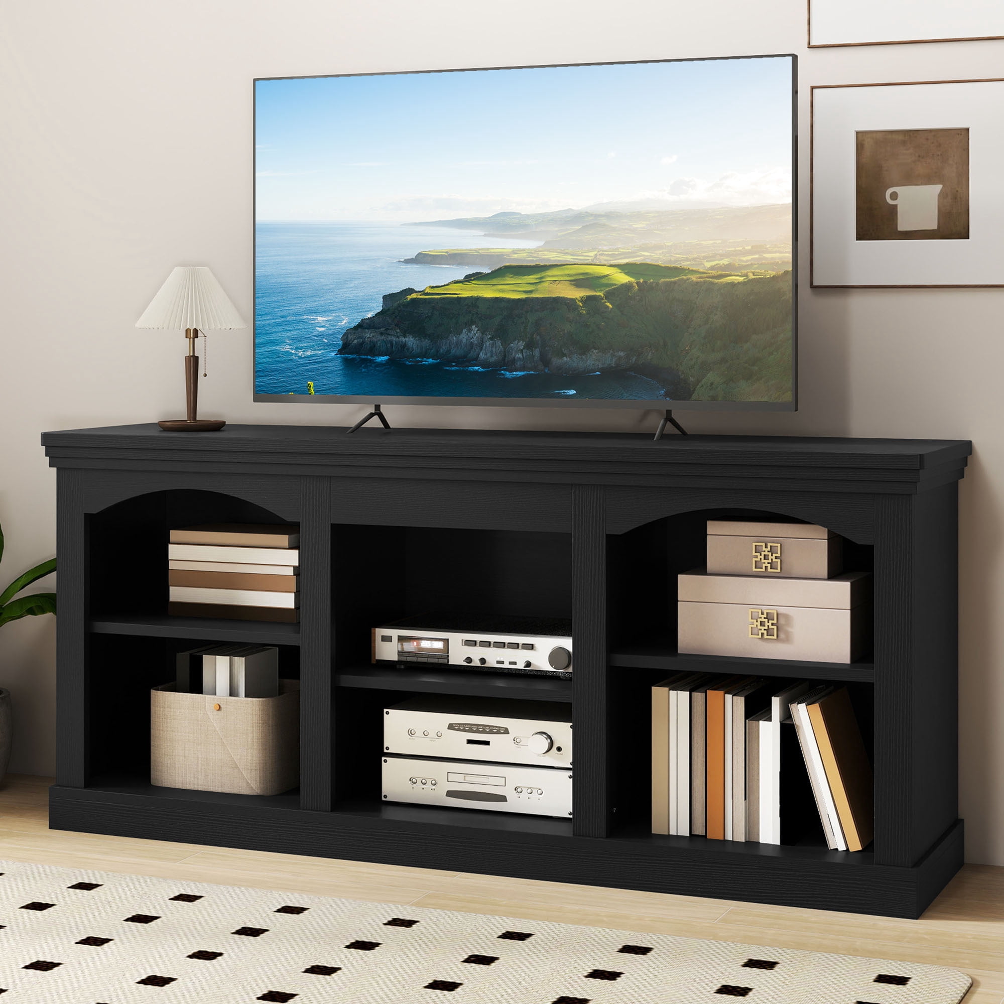Uforic 59" TV Stand for 60 Inches TV, Farmhouse Entertainment Center with Adjustable Shelf & Storage Cabinets, Black