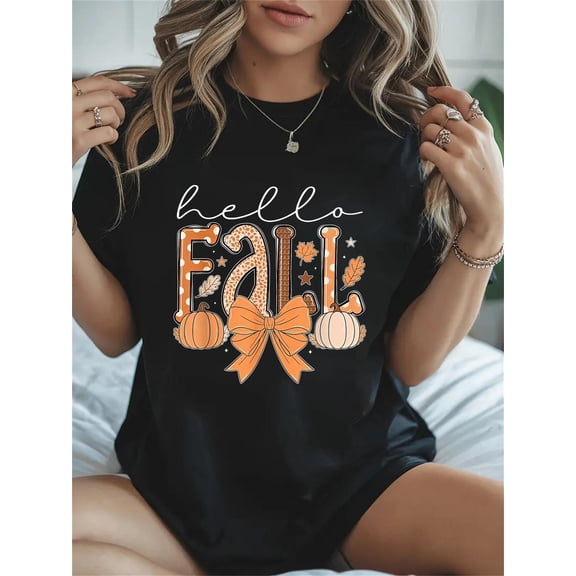 Cotton Hello Fall Autumn Vibes Thanksgiving Holiday Men Women Casual Graphic Tee Lightweight Daily Wear T-Shirt