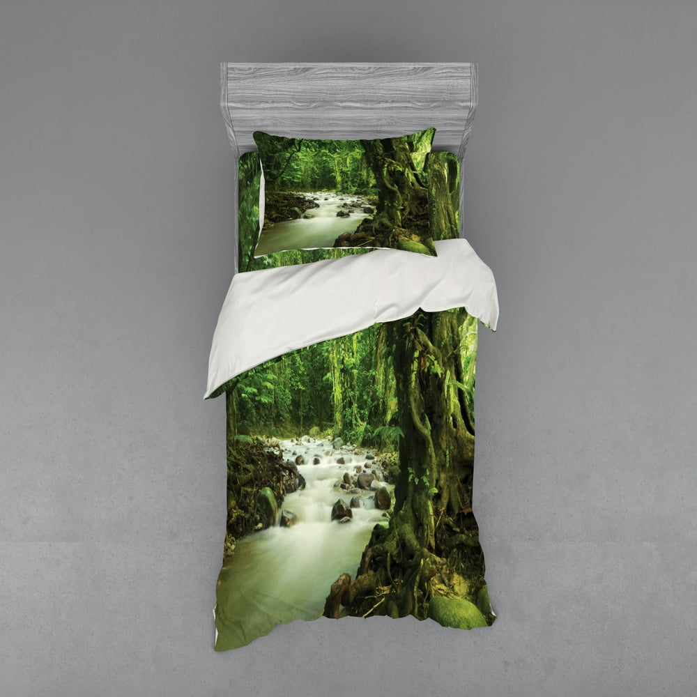 Rainforest Duvet Cover Set, Tropical Rainforest and Rocky River in