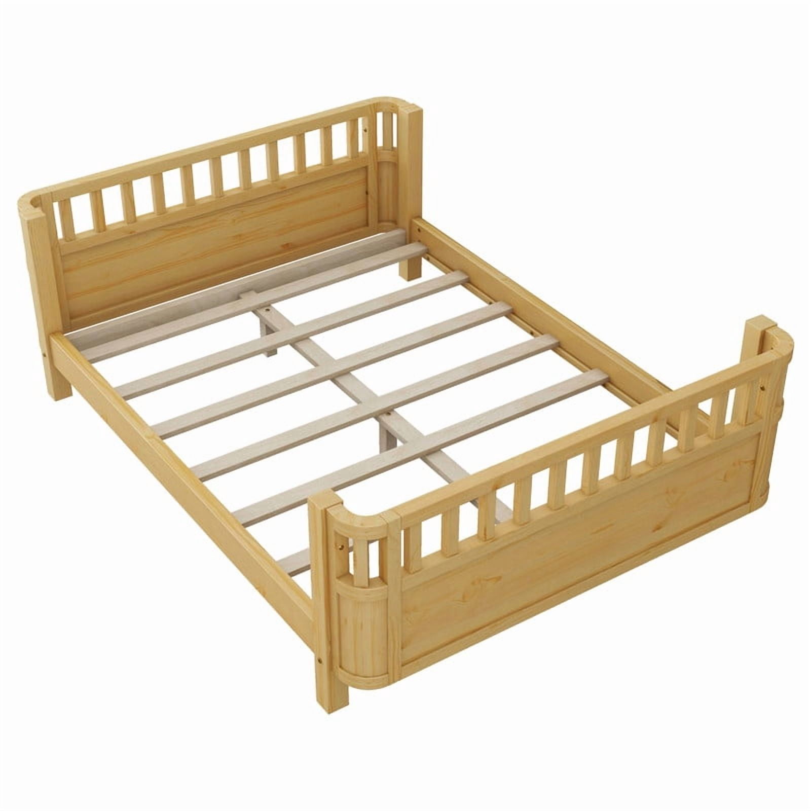 Mirightone Full Size Montessori Bed with Guardrails, Wooden Low Profile Bed Frame with Slat Support, Modern Bed with Removable Side Rails, Natural