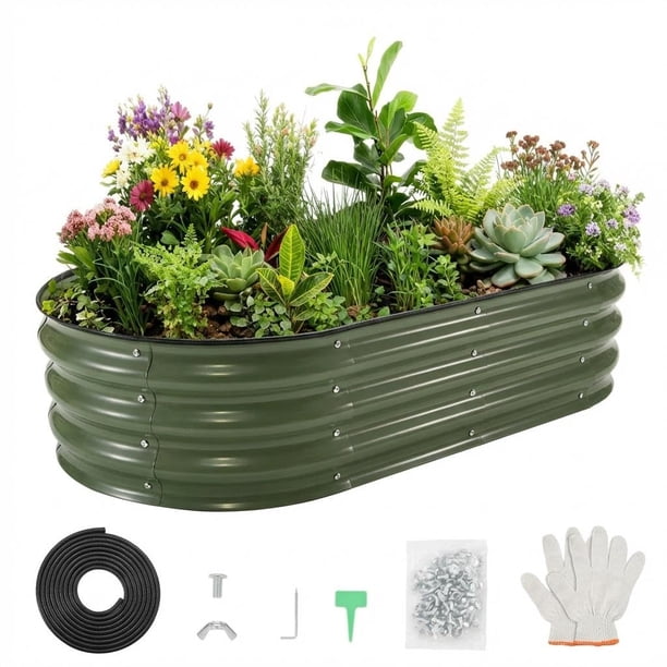 QinaQin Cama de cultivo galvanizada de 4x2x1 pies con base abierta y borde de goma, jardinera ovalada para flores, hierbas y vegetales, armado fácil