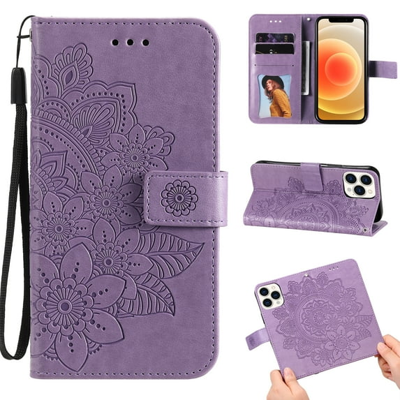 Allytech Wallet Case for iPhone 13 Pro (5G), Embossed Floral PU Leather Drop Proof Anti-Lost Detachable Hand Strap Flip Stand Magnetic Snap Card Slots Case for iPhone 13 Pro 6.1" 2021, Purple