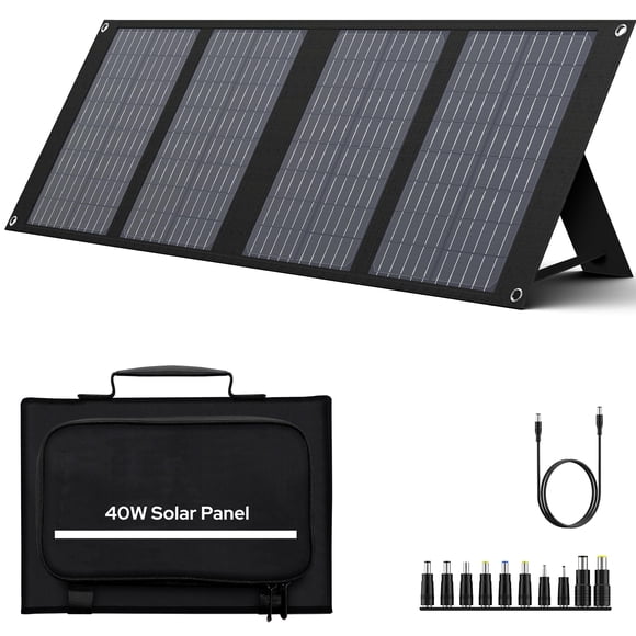 Panel solar de 40 W EnginStar Panel solar plegable de 40 vatios para estación de energía portátil con puerto USB QC3.0 para teléfono portátil Salida de 12-15 V CC (10 conectores) para acampar al aire