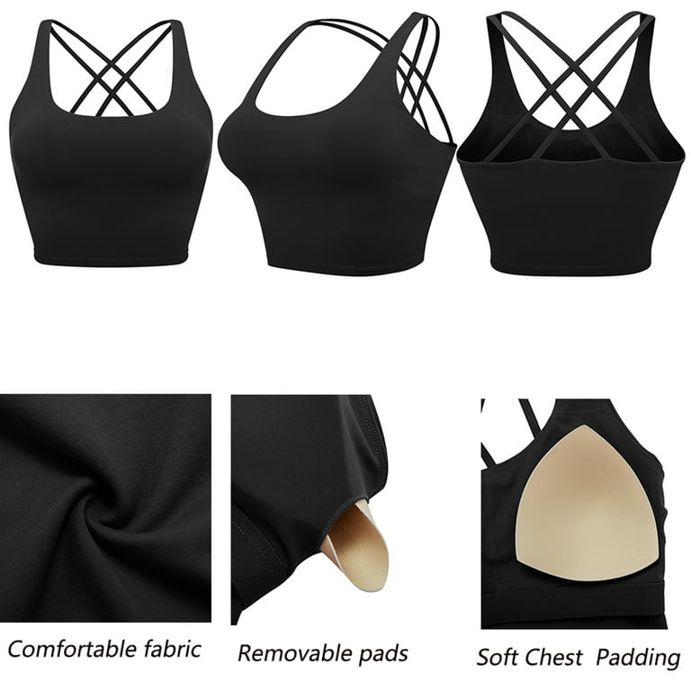 Sports Bra for Women, Medium-High Support Criss-Cross Back Strappy Padded Sports  Bras Supportive Workout Tops, Black, XS 