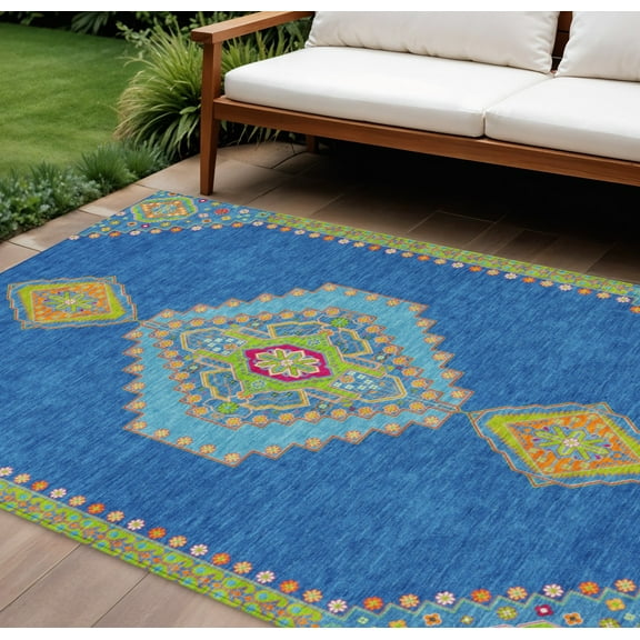 9' X 12' Denim Blue Red And Green Oriental Washable Indoor Outdoor Area Rug