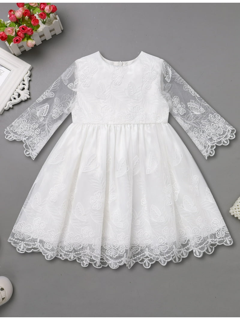 Fymnsi Baby Christening Dress White Baptism Gowns for Girl Infant Lace Long Sleeve Tulle Outfits 9-12 Months, Infant Girl's