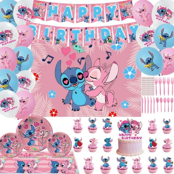 Blue angel Birthday Decorations Supplies, Pink angel Happy Birthday Decor Set for Girls, Includes Backdrop Banner Cupcake Topper tablecloth Balloons